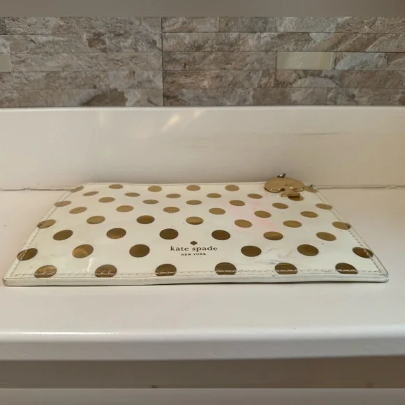 Kate Spade Patent Leather Ivory/Gold Polka Dot Case Bag Pouch Clutch - Picture 2 of 5